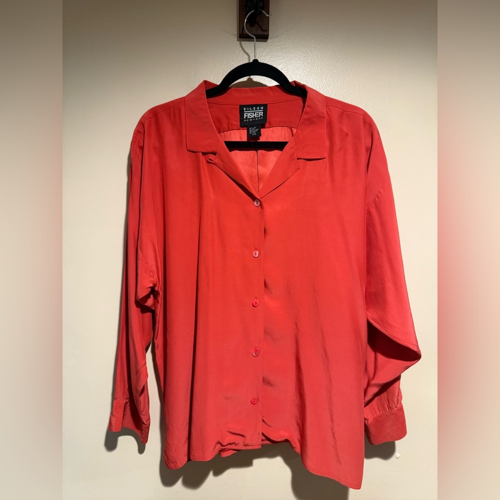 Eileen Fisher Red Button-Front Silk Blouse